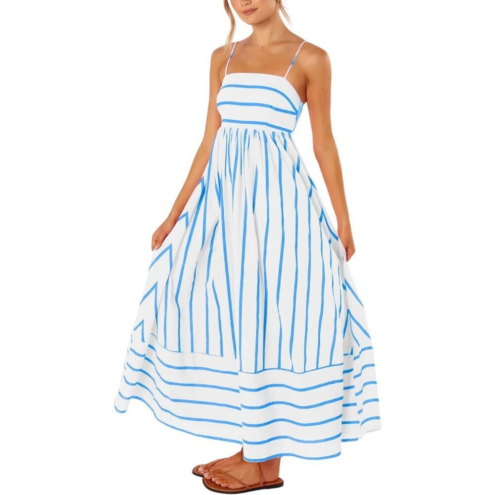 Women's Wide Blue White Striped Back Smocked Spaghetti Strap Cut Out Maxi Dress